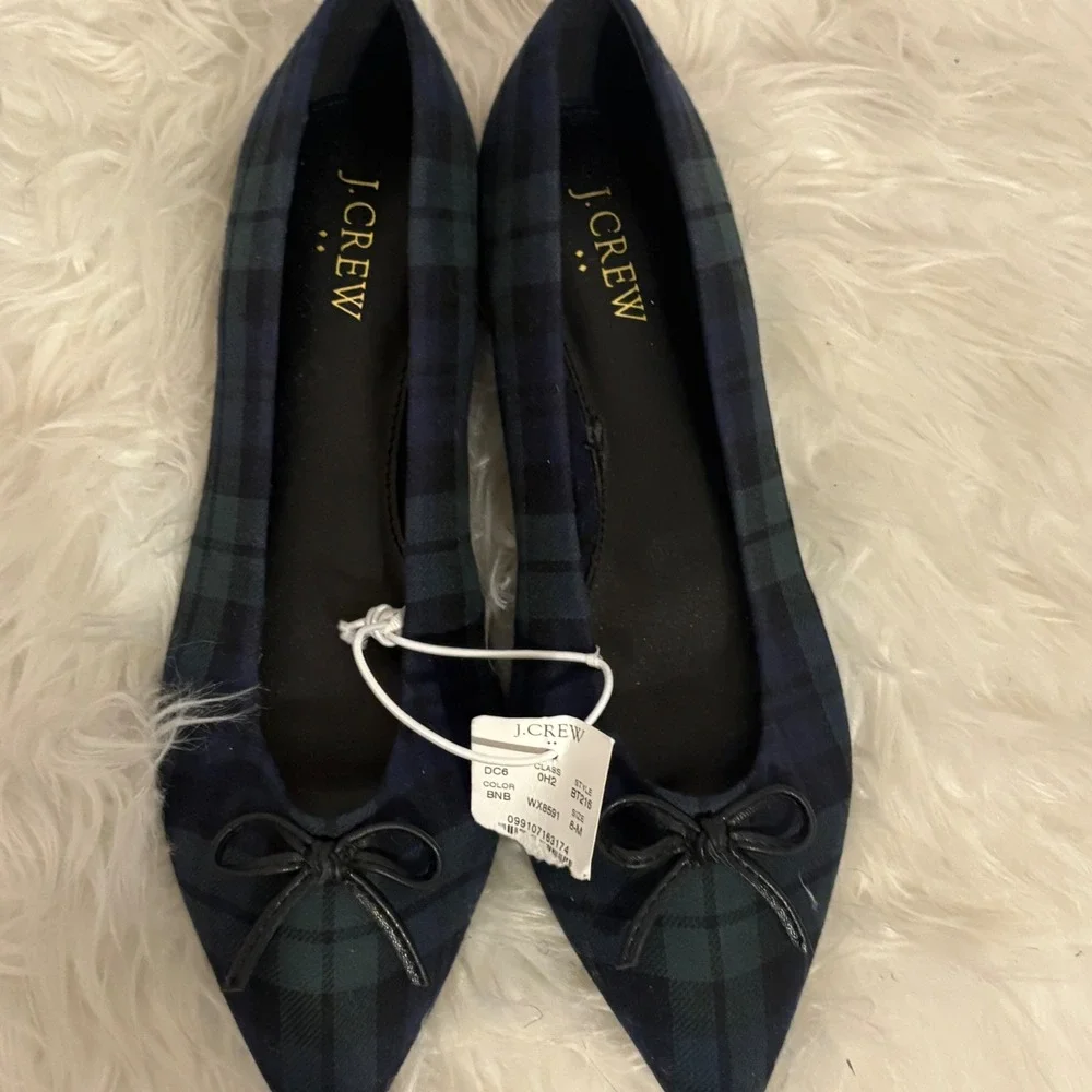 J.Crew Womens Black Watch Plaid Pointed Toe Bow Flats BT216 Size 8